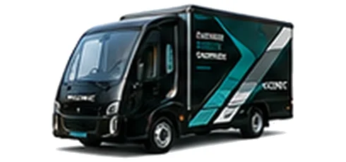 Modec Box Van in black with custom van vinyl graphics, front three-quarter view.