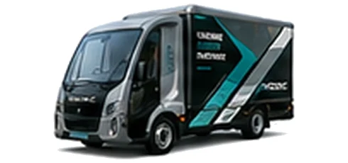 Modec Box Van in grey with custom van vinyl graphics, front three-quarter view.
