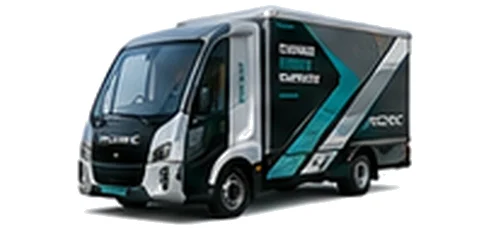 Modec Box Van in silver with custom van vinyl graphics, front three-quarter view.