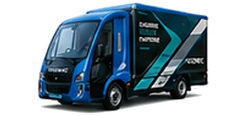Modec Box Van in blue with custom van vinyl graphics, front three-quarter view.