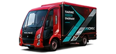 Modec Box Van in red with custom van vinyl graphics, front three-quarter view.