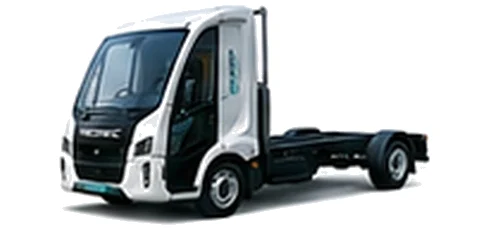 Modec Chassis Cab in white with custom van vinyl graphics, front three-quarter view.