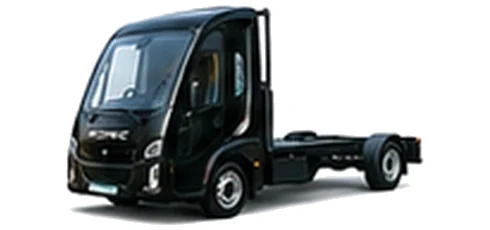 Modec Chassis Cab in black with custom van vinyl graphics, front three-quarter view.