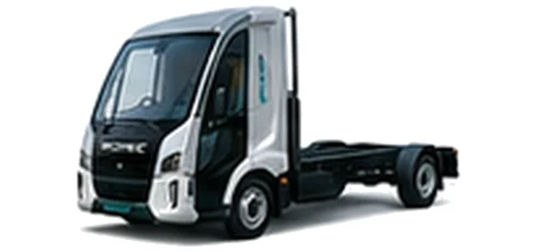 Modec Chassis Cab in silver with custom van vinyl graphics, front three-quarter view.