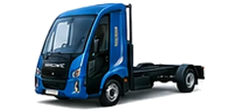 Modec Chassis Cab in blue with custom van vinyl graphics, front three-quarter view.