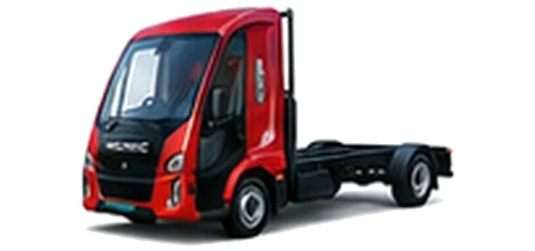 Modec Chassis Cab in red with custom van vinyl graphics, front three-quarter view.
