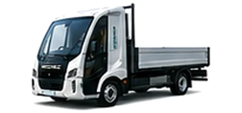 Modec Dropside in white with custom van vinyl graphics, front three-quarter view.
