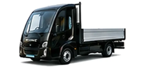 Modec Dropside in black with custom van vinyl graphics, front three-quarter view.