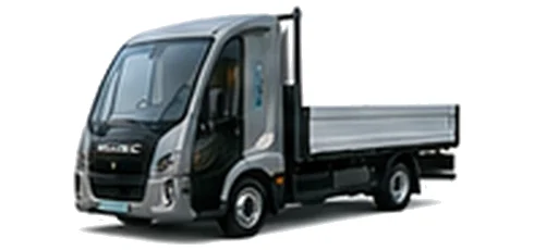 Modec Dropside in grey with custom van vinyl graphics, front three-quarter view.