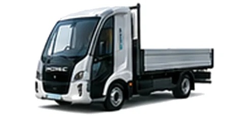 Modec Dropside in silver with custom van vinyl graphics, front three-quarter view.