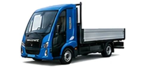 Modec Dropside in blue with custom van vinyl graphics, front three-quarter view.