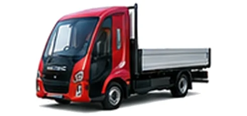 Modec Dropside in red with custom van vinyl graphics, front three-quarter view.