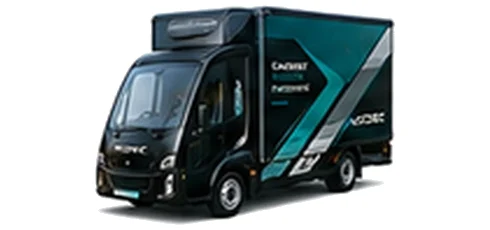 Modec Parcel Box in black with custom van vinyl graphics, front three-quarter view.