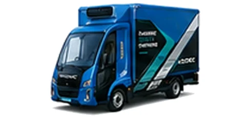 Modec Parcel Box in blue with custom van vinyl graphics, front three-quarter view.
