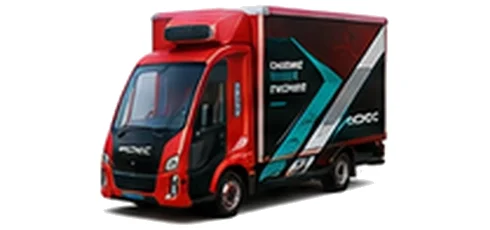 Modec Parcel Box in red with custom van vinyl graphics, front three-quarter view.