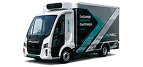 Modec Refrigerated Box in white with custom van vinyl graphics, front three-quarter view.