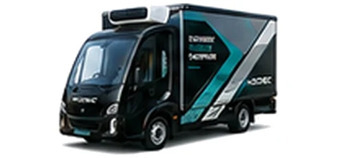 Modec Refrigerated Box in black with custom van vinyl graphics, front three-quarter view.
