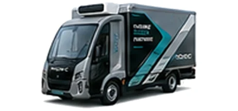 Modec Refrigerated Box in grey with custom van vinyl graphics, front three-quarter view.
