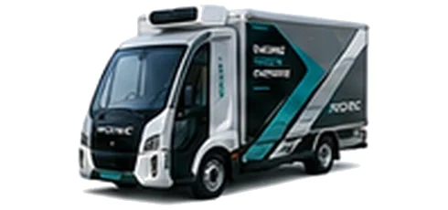 Modec Refrigerated Box in silver with custom van vinyl graphics, front three-quarter view.
