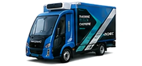 Modec Refrigerated Box in blue with custom van vinyl graphics, front three-quarter view.