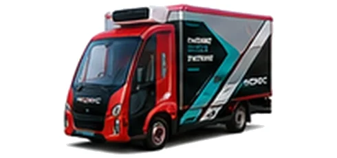 Modec Refrigerated Box in red with custom van vinyl graphics, front three-quarter view.