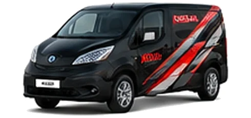 Nissan e-NV200 in black with custom van vinyl graphics, front three-quarter view.