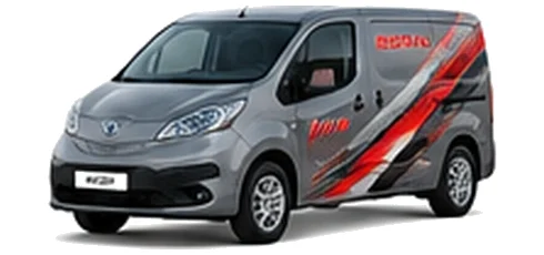 Nissan e-NV200 in grey with custom van vinyl graphics, front three-quarter view.