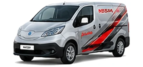 Nissan e-NV200 in silver with custom van vinyl graphics, front three-quarter view.