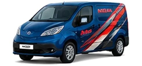 Nissan e-NV200 in blue with custom van vinyl graphics, front three-quarter view.