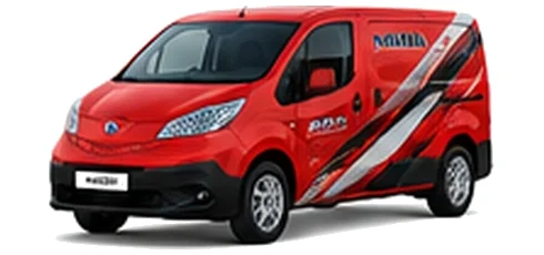 Nissan e-NV200 in red with custom van vinyl graphics, front three-quarter view.