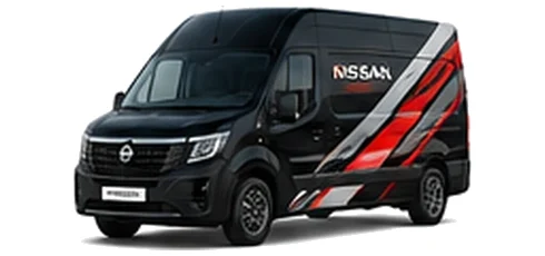 Nissan Interstar in black with custom van vinyl graphics, front three-quarter view.