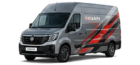 Nissan Interstar in grey with custom van vinyl graphics, front three-quarter view.