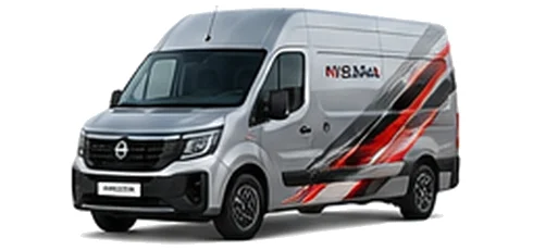 Nissan Interstar in silver with custom van vinyl graphics, front three-quarter view.