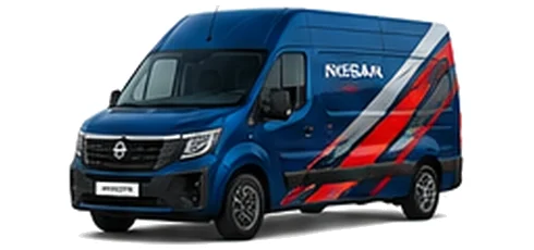 Nissan Interstar in blue with custom van vinyl graphics, front three-quarter view.
