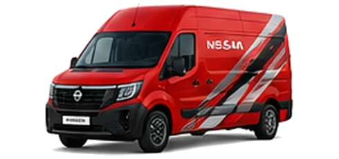 Nissan Interstar in red with custom van vinyl graphics, front three-quarter view.