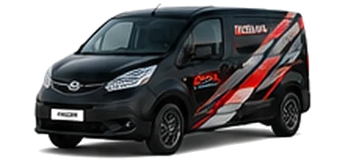 Nissan NV200 in black with custom van vinyl graphics, front three-quarter view.
