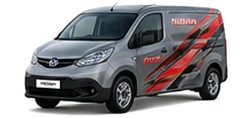 Nissan NV200 in grey with custom van vinyl graphics, front three-quarter view.