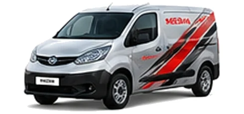 Nissan NV200 in silver with custom van vinyl graphics, front three-quarter view.