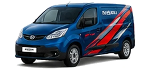 Nissan NV200 in blue with custom van vinyl graphics, front three-quarter view.