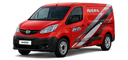 Nissan NV200 in red with custom van vinyl graphics, front three-quarter view.