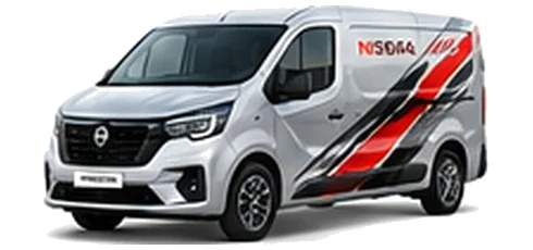 Nissan Primastar in white with custom van vinyl graphics, front three-quarter view.