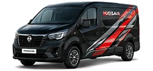 Nissan Primastar in black with custom van vinyl graphics, front three-quarter view.