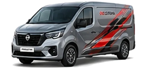 Nissan Primastar in grey with custom van vinyl graphics, front three-quarter view.