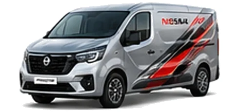 Nissan Primastar in silver with custom van vinyl graphics, front three-quarter view.