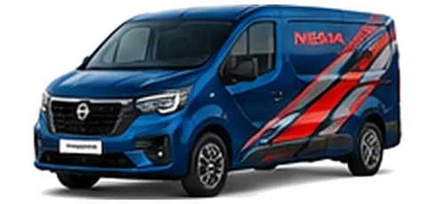 Nissan Primastar in blue with custom van vinyl graphics, front three-quarter view.