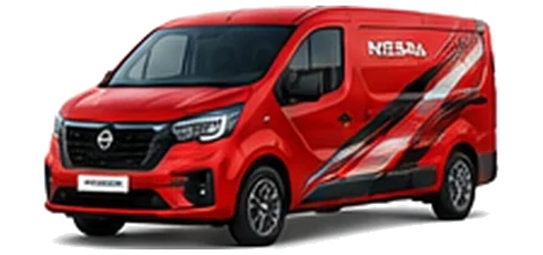 Nissan Primastar in red with custom van vinyl graphics, front three-quarter view.