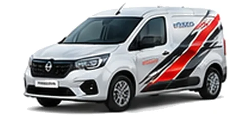 Nissan Townstar in white with custom van vinyl graphics, front three-quarter view.