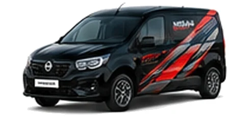 Nissan Townstar in black with custom van vinyl graphics, front three-quarter view.
