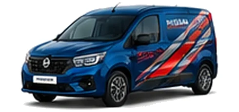 Nissan Townstar in blue with custom van vinyl graphics, front three-quarter view.
