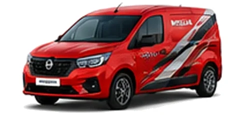 Nissan Townstar in red with custom van vinyl graphics, front three-quarter view.